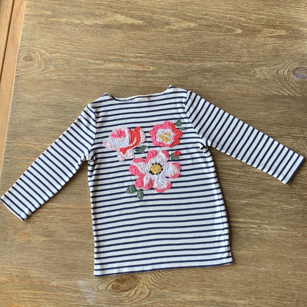 Mini Boden Girls (7/8) Stripped 3/4 Sleeve T-Shirt with Flower Appliqué